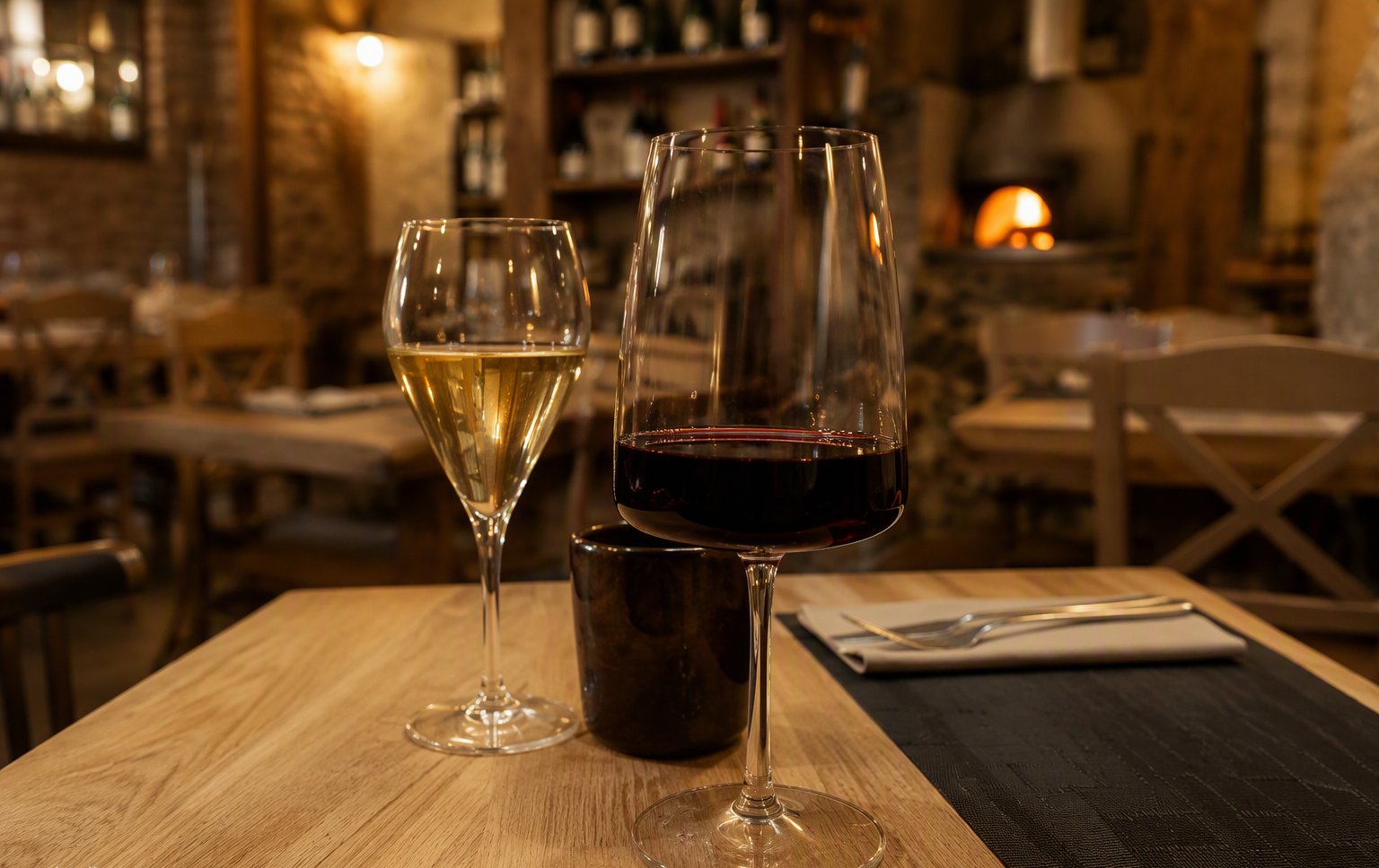 Un calice di vino sulla tavola della pizzeria